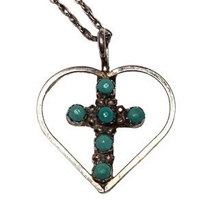 Native American Sterling Silver Turquoise Heart Cross Necklace